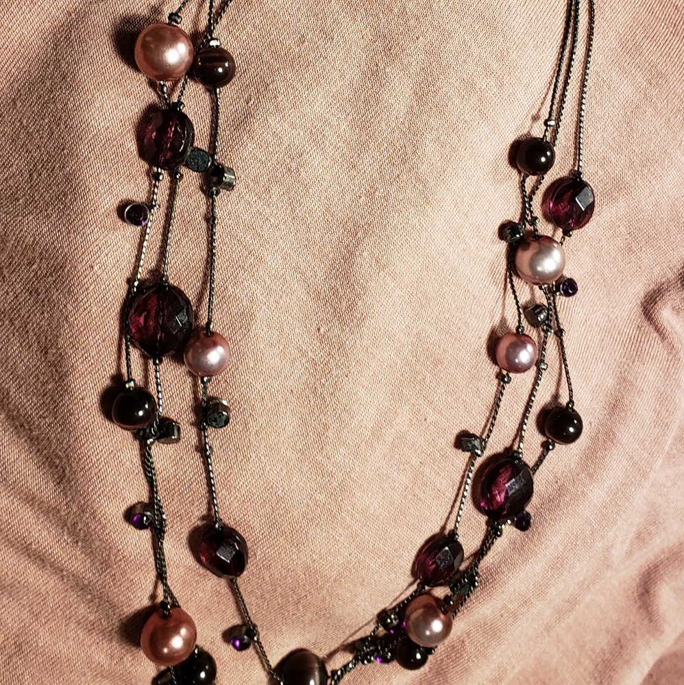 Pearl,  iridescent stone layered necklace